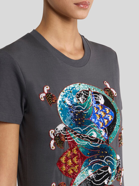 Etro Cotton T-shirt With Sequin Embroidery In Gray