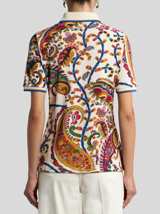 Etro , Stretch Cotton Pique Polo Shirt With Floral Paisley Motif, Woman, Beige, Size Xl In Brown