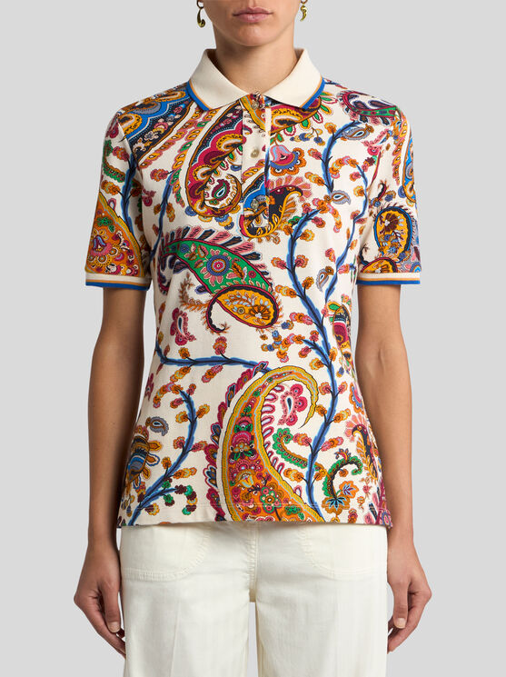 Etro , Stretch Cotton Pique Polo Shirt With Floral Paisley Motif, Woman, Beige, Size Xl In Brown