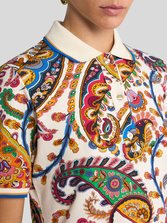 Etro , Stretch Cotton Pique Polo Shirt With Floral Paisley Motif, Woman, Beige, Size Xl In Brown