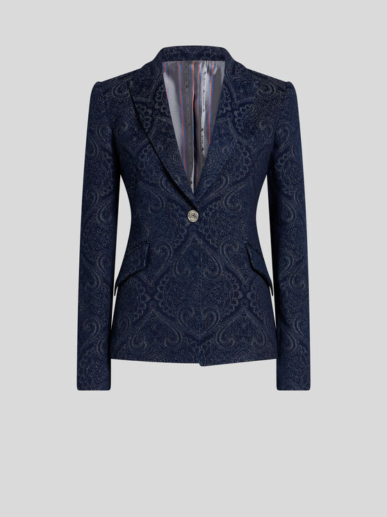 Etro Paisley-print Denim Blazer In Blue