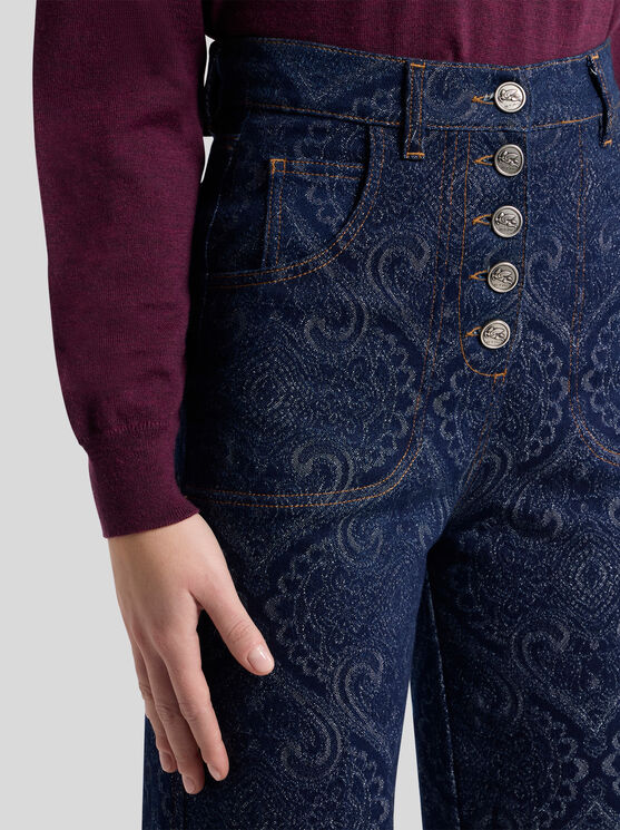Etro Flared Jacquard Denim Jeans With Pegaso Buttons In Blue