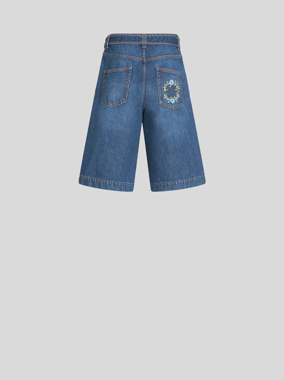 Shop Etro Denim Bermuda Shorts With Belt In Navy Blue