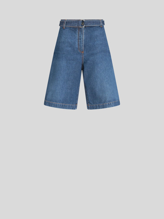 Shop Etro Denim Bermuda Shorts With Belt In Navy Blue