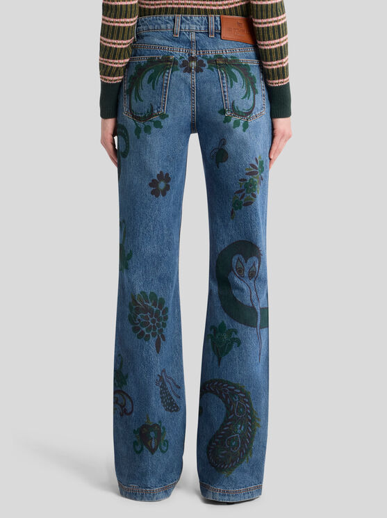 Etro , Flared Jeans With Flower And Bee Print, Woman, Blue, Size 26 In Blue