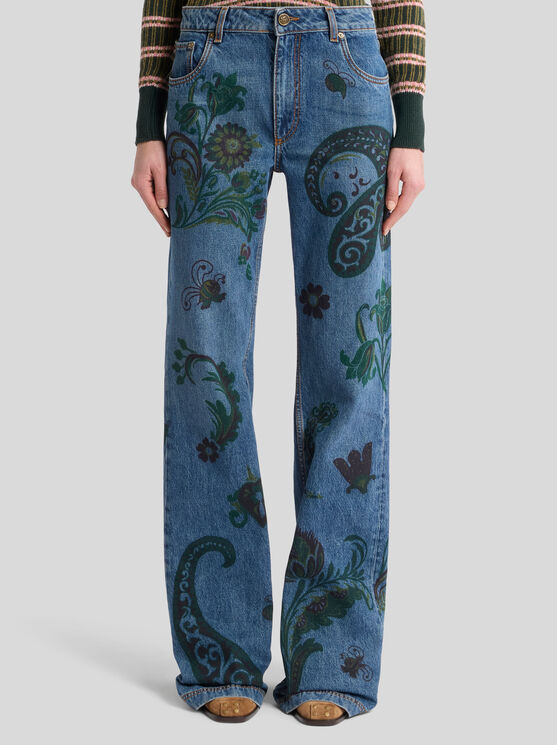 Etro , Flared Jeans With Flower And Bee Print, Woman, Blue, Size 26 In Blue