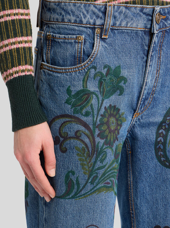 Etro , Flared Jeans With Flower And Bee Print, Woman, Blue, Size 26 In Blue