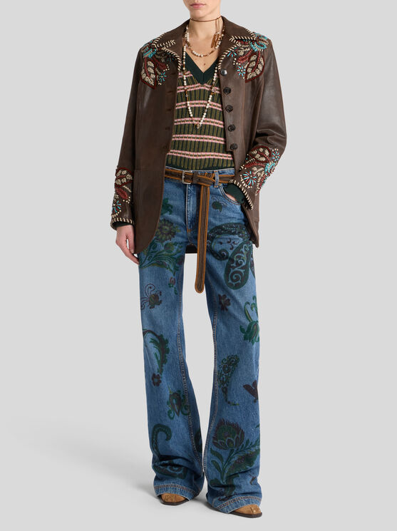 Etro , Flared Jeans With Flower And Bee Print, Woman, Blue, Size 26 In Blue