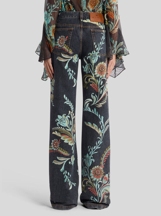 Etro Blue Jeans With All-over Painted Flowers In Denim Woman In Black