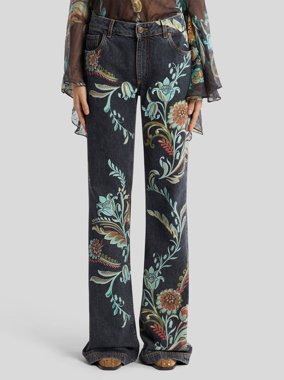 Etro Blue Jeans With All-over Painted Flowers In Denim Woman In Black