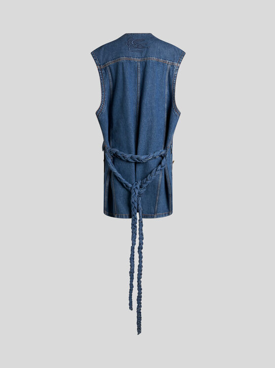 Shop Etro Denim Waistcoat With Belt In Grey