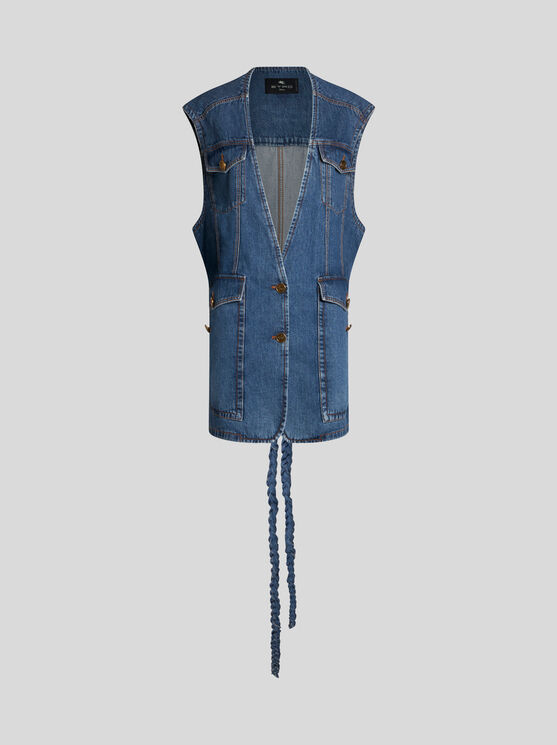 Shop Etro Denim Waistcoat With Belt In Grey