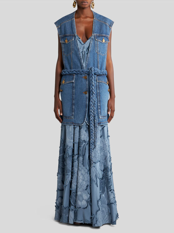 Shop Etro Denim Waistcoat With Belt In Grey