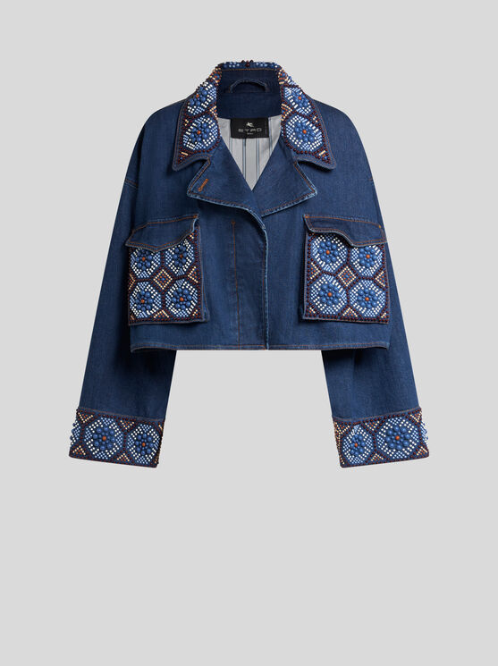 Etro Cropped Jacket With Pearl Embroidery In Blue