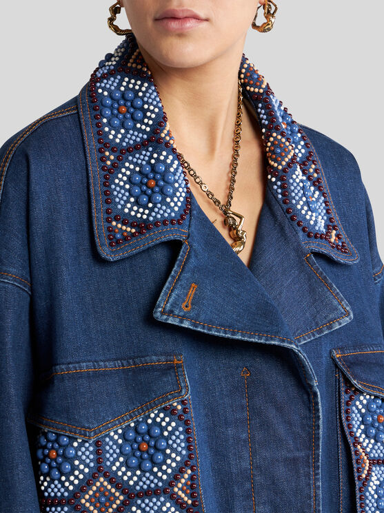 Etro Cropped Jacket With Pearl Embroidery In Blue