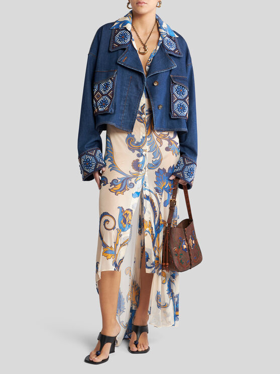 Etro Cropped Jacket With Pearl Embroidery In Blue