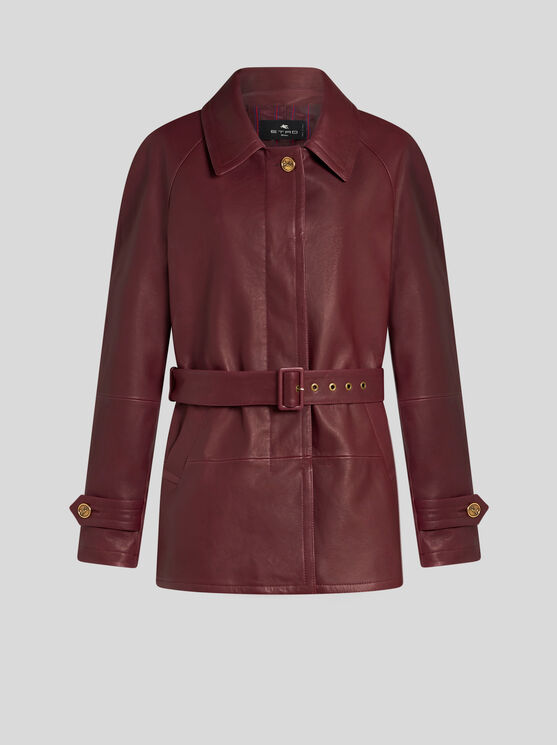 Shop Etro Embroidered Nappa Leather Jacket With Belt In Burgundy