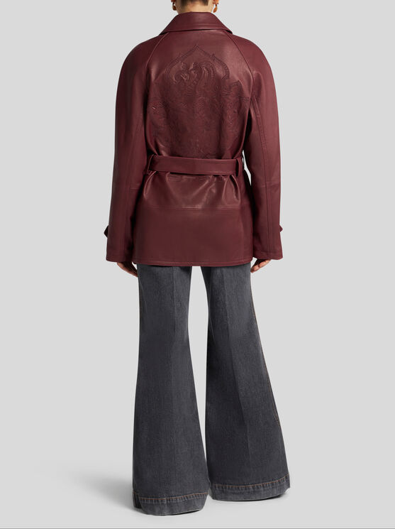 Shop Etro Embroidered Nappa Leather Jacket With Belt In Burgundy