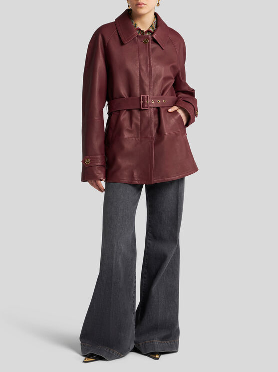 Shop Etro Embroidered Nappa Leather Jacket With Belt In Burgundy