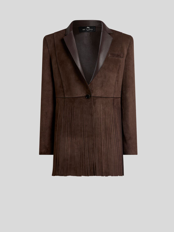 Etro , Single-breasted Suede Jacket With Fringing, Woman, Dark Brown, Size 46 In Brown