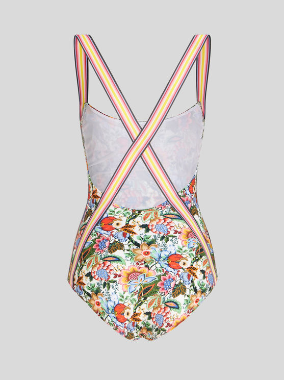 Shop Etro Printed Swimsuit With Criss-crossing Shoulder Straps In White