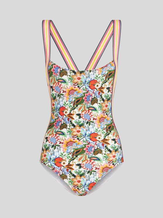 Shop Etro Printed Swimsuit With Criss-crossing Shoulder Straps In White