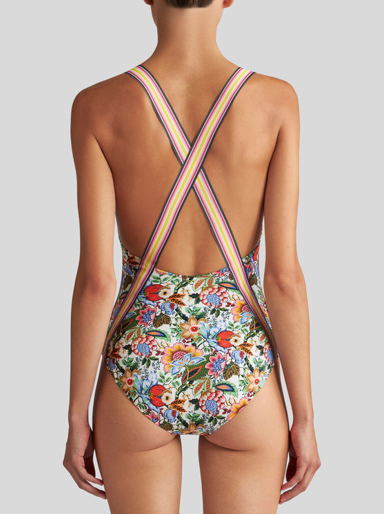 Shop Etro Printed Swimsuit With Criss-crossing Shoulder Straps In White