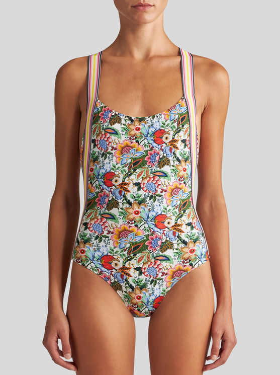 Shop Etro Printed Swimsuit With Criss-crossing Shoulder Straps In White