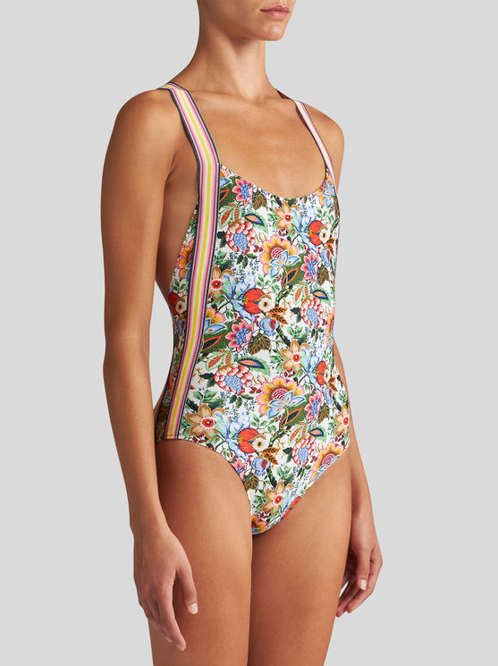 Shop Etro Printed Swimsuit With Criss-crossing Shoulder Straps In White