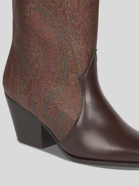 ETRO , PAISLEY JACQUARD AND LEATHER BOOTS, WOMAN, RED, SIZE 40