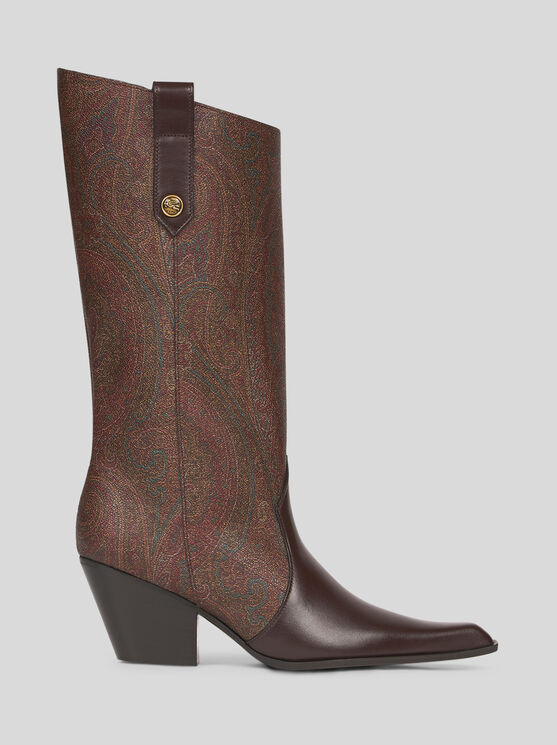 Etro Stiefel Aus Leder Und Paisley-jacquard-gewebe In Rot