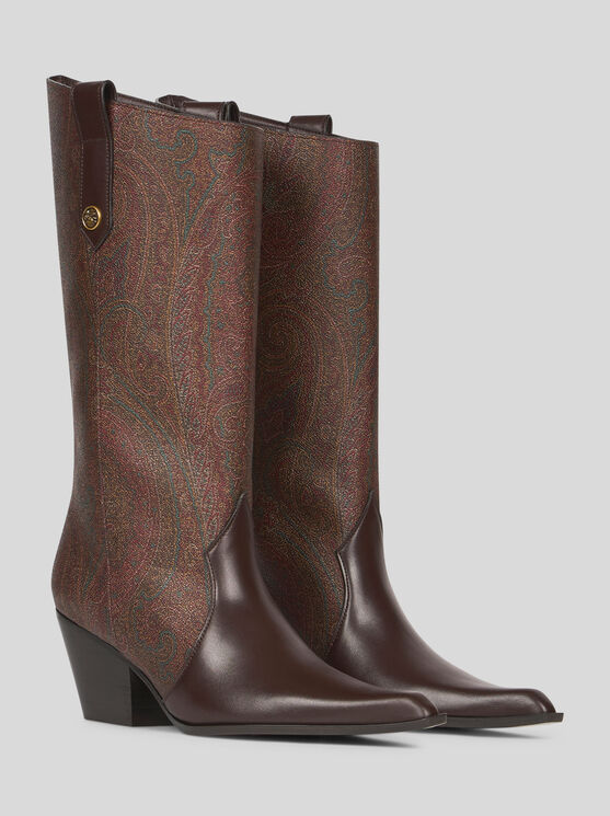 ETRO , PAISLEY JACQUARD AND LEATHER BOOTS, WOMAN, RED, SIZE 40