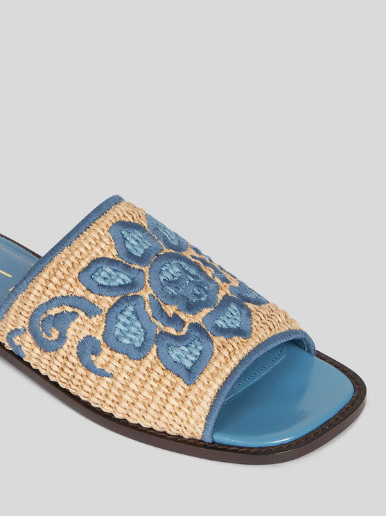 Etro Embroidered Raffia Slides In Light Blue
