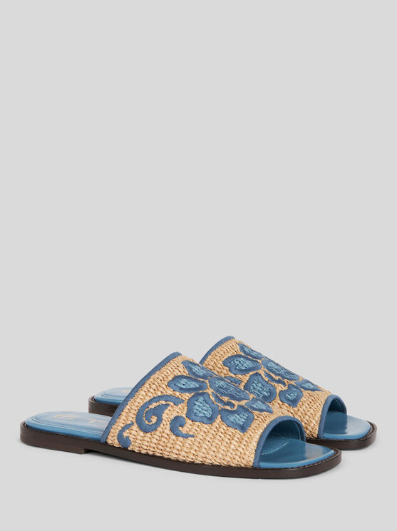 Etro Embroidered Raffia Slides In Light Blue