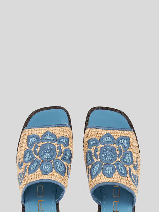 Etro Embroidered Raffia Slides In Light Blue