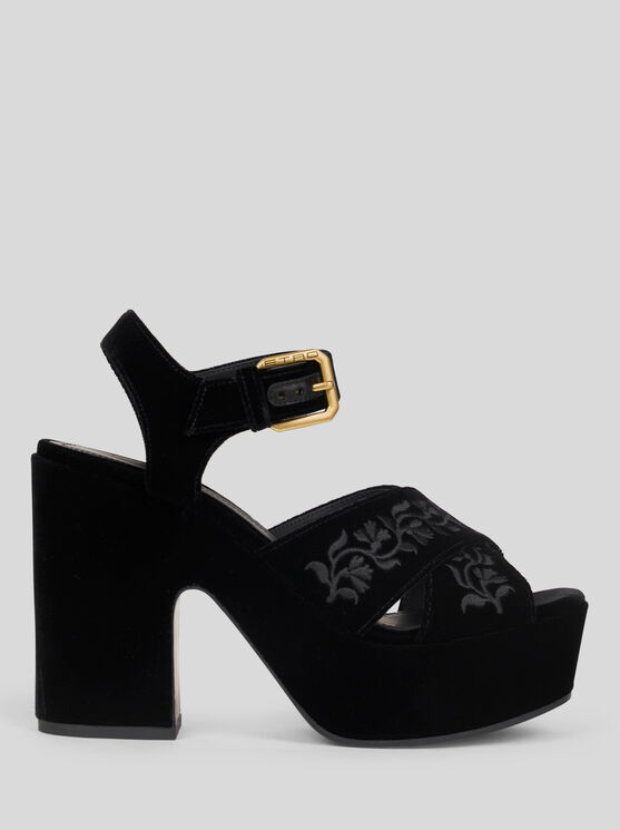 Etro Velvet Platform Sandals With Embroidery In Black