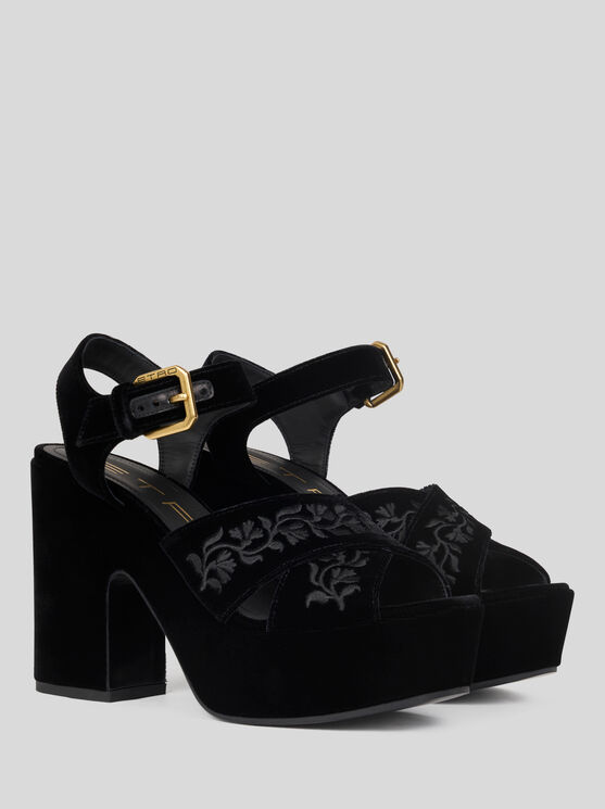 Etro Velvet Platform Sandals With Embroidery In Black