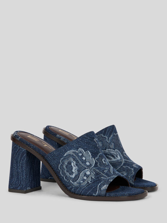 Etro , Jacquard Denim Mules, Woman, Navy Blue, Size 41 In Navy Blue