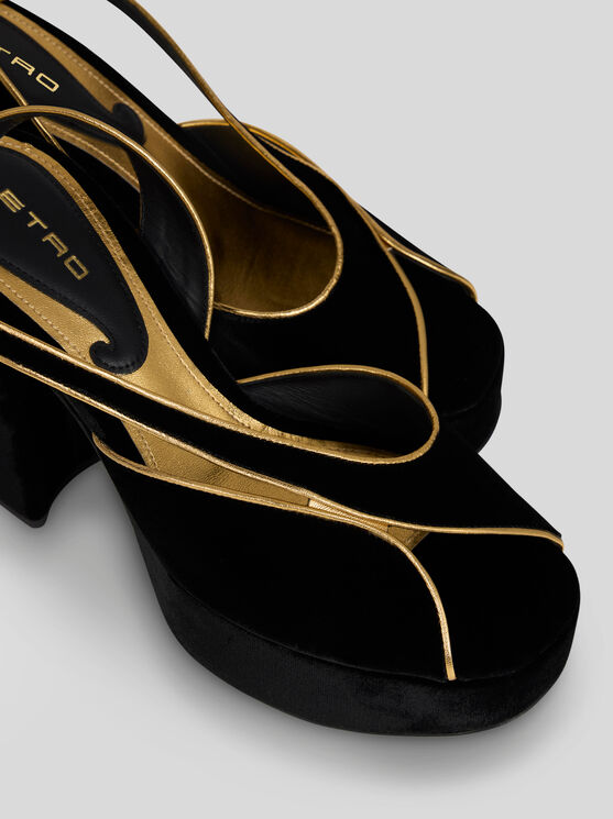 Etro , Plateau-sandalen Aus Samt Mit Metallic-paspel, Damen, Schwarz, Grösse 40 In Black