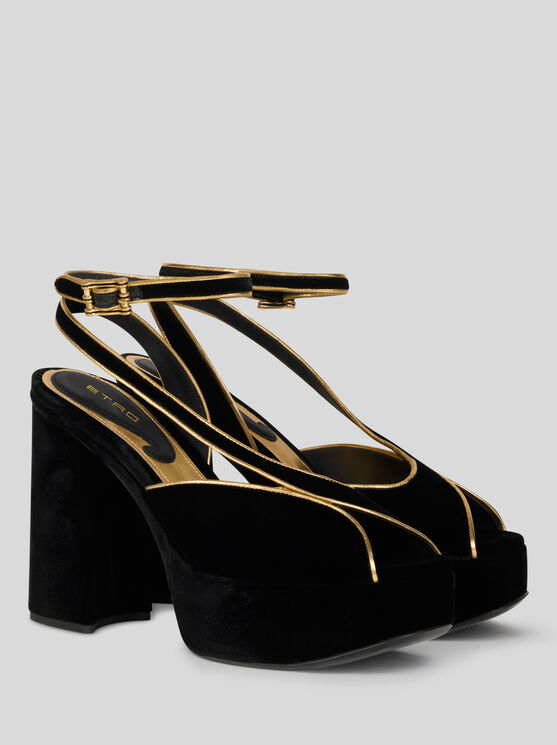 Etro , Plateau-sandalen Aus Samt Mit Metallic-paspel, Damen, Schwarz, Grösse 40 In Black