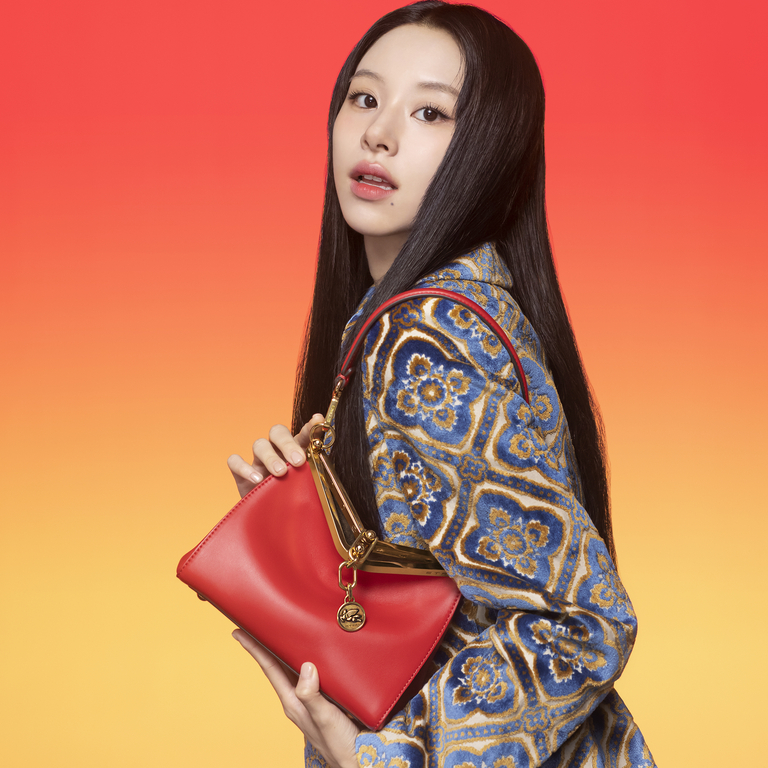 Girl-with-a-jacquard-velvet-jacket-adorned-with-medallions-and-holding-a-Red-Vela-Bag- exclusive-to-Japan