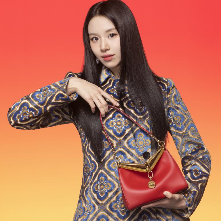 Girl-with-a-jacquard-velvet-jacket-adorned-with-medallions-and-holding-a-Red-Vela-Bag- exclusive-to-Japan