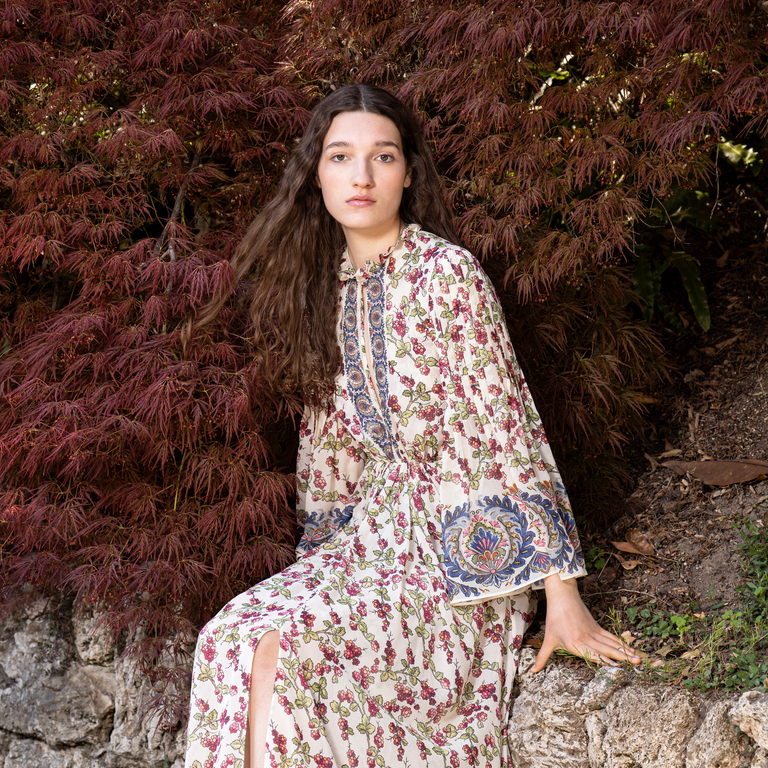 Model posing with Etro dress with Paisley patterns