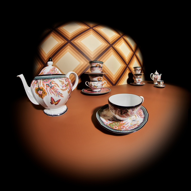 Etro and Ginori 1735 tea set collection on brown background