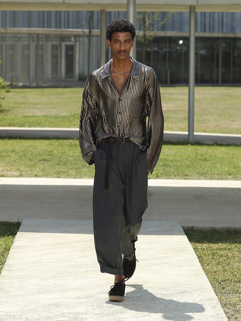 Etro Man Fashion Show SS23; Striped Shirt and grey trousers